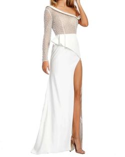 Mac Duggal White Size 2 One Shoulder Sheer Cap Sleeve Sequin A-line Dress on Queenly