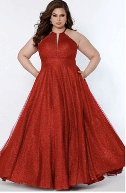 Style Kasia Sydneys Closet Red Size 18 Shiny Halter Sheer Tulle Ball gown on Queenly