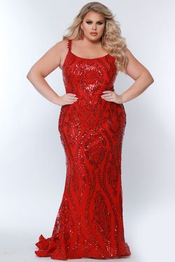 Style SC7332 Sydney's Closet Red Size 14 Lace Floor Length Plus Size Fitted Mermaid Dress on Queenly