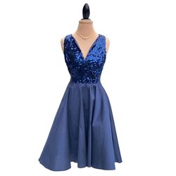 Style SQ6402 Eva Franco Blue Size 8 Military Flare Sequin A-line Dress on Queenly