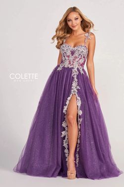 Style CL2020 Colette By Mon Cheri Purple Size 6 Tall Height Black Tie Tulle Side slit Dress on Queenly