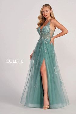 Style CL2074 Colette By Mon Cheri Green Size 6 Tulle Black Tie Side Slit A-line Dress on Queenly