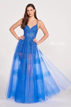 Style EW34032 Ellie Wilde By Mon Cheri Royal Blue Size 4 Tall Height Lace A-line Dress on Queenly