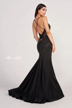 Style EW34005 Ellie Wilde By Mon Cheri Purple Size 0 Black Tie Plunge Flare Side slit Dress on Queenly