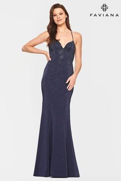 Style S10656 Faviana Blue Size 4 Tall Height Floor Length Navy V Neck Mermaid Dress on Queenly