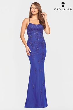 Style S10634 Faviana Royal Blue Size 8 Lace Corset Mermaid Dress on Queenly
