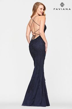 Style S10721 Faviana Blue Size 8 Tall Height Black Tie Mermaid Dress on Queenly