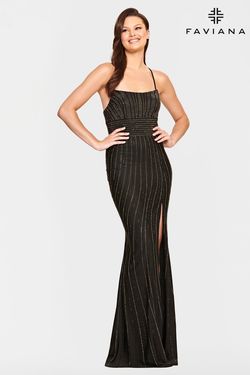 Style S10806 Faviana Black Tie Size 8 Tall Height Lace Pattern Side slit Dress on Queenly
