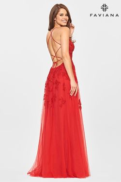 Style S10823 Faviana Red Size 0 Floor Length Pageant Lace A-line Dress on Queenly