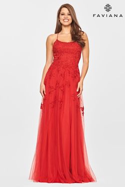 Style S10823 Faviana Red Size 4 Pageant Lace A-line Dress on Queenly