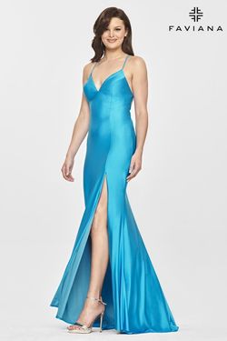 Style S10826 Faviana Blue Size 2 Tall Height Lace V Neck Side slit Dress on Queenly