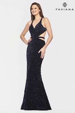 Style S10818 Faviana Blue Size 2 Tall Height Jewelled Sequined V Neck Mermaid Dress on Queenly