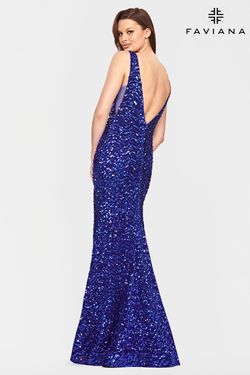 Style S10820 Faviana Blue Size 10 Tall Height Sequin Sequined Jewelled Side slit Dress on Queenly