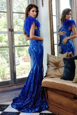 Style 32596A Jovani Blue Size 6 Pageant Feather Mermaid Dress on Queenly