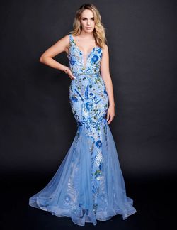 Style 8215 Nina Canacci Blue Size 0 Tall Height Tulle Floral Mermaid Dress on Queenly