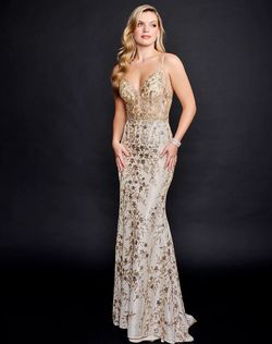 Style 8218 Nina Canacci Gold Size 12 Sheer Floor Length Pageant Mermaid Dress on Queenly