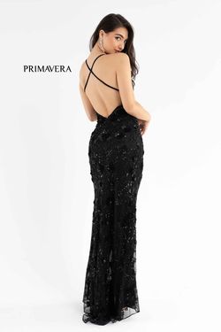 Style 3731 Primavera Black Tie Size 0 Floor Length V Neck Side slit Dress on Queenly