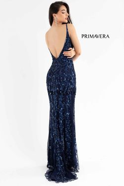 Style 3749 Primavera Blue Size 8 Floor Length V Neck Side slit Dress on Queenly