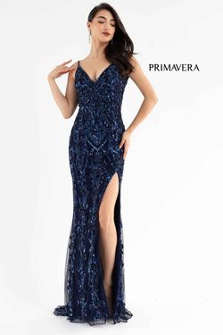 Style 3749 Primavera Blue Size 8 Black Tie Side slit Dress on Queenly