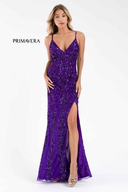 Style 3749 Primavera Purple Size 6 Black Tie V Neck Side slit Dress on Queenly