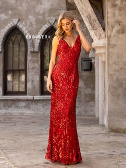 Style 3908 Primavera Red Size 2 Jewelled Floor Length Tall Height Sequined Mermaid Dress on Queenly