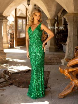 Style 3908 Primavera Green Size 0 Tall Height Sequined Emerald Sequin Jewelled Mermaid Dress on Queenly