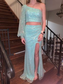 Rachel Allan Light Green Size 8 Floor Length Side slit Dress on Queenly
