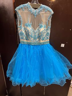 Mori Lee Blue Size 10 Euphoria Sequined Midi Shiny Sheer Cocktail Dress on Queenly