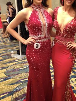 Jovani Red Size 2 Halter Pageant Sequin High Neck Straight Dress on Queenly