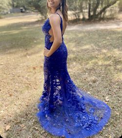 Jovani Blue Size 6 Floor Length Backless Lace Tulle Mermaid Dress on Queenly