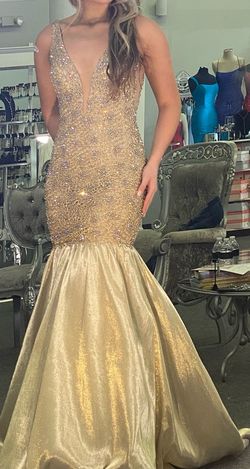 Sherri Hill Gold Size 2 Custom Plunge Sheer Mermaid Dress on Queenly