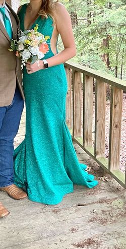 Jovani Green Size 12 Backless Sheer Plunge Prom A-line Dress on Queenly