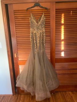 Jovani Gold Size 2 Sequined Sheer Spaghetti Strap Prom Mermaid Dress on Queenly