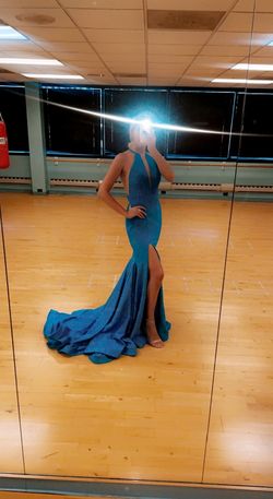 Jovani Blue Size 6 Side Slit Sheer Floor Length Mermaid Dress on Queenly