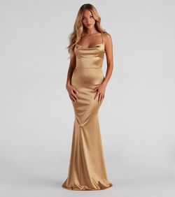 Style 05002-1046 Windsor Gold Size 0 Spaghetti Strap Tall Height Jersey Mermaid Dress on Queenly