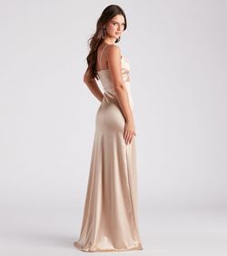Style 05002-6848 Windsor Gold Size 12 V Neck Satin Tall Height Prom Side slit Dress on Queenly