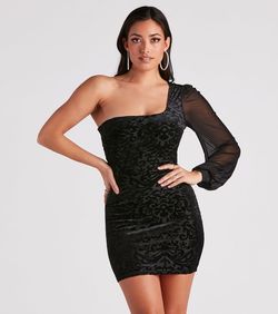 Style 05101-1919 Windsor Black Size 4 One Shoulder Pattern Tall Height Party Long Sleeve Cocktail Dress on Queenly