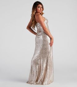 Style 05002-1279 Windsor Gold Size 4 Party Tall Height Sequin Side slit Dress on Queenly