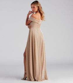 Style 05002-0060 Windsor Gold Size 12 Shiny Floor Length Side slit Dress on Queenly
