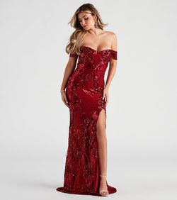 Style 05002-2449 Windsor Red Size 8 Floor Length Sequin Sweetheart Side slit Dress on Queenly