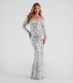 Style 05002-0962 Windsor Silver Size 12 Prom Long Sleeve A-line Mermaid Dress on Queenly