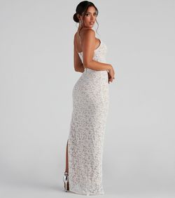 Style 05002-1252 Windsor White Size 4 V Neck Floral Lace Custom Sheer Side slit Dress on Queenly