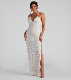 Style 05002-1252 Windsor White Size 4 V Neck Floral Lace Custom Sheer Side slit Dress on Queenly