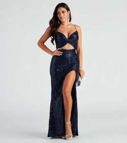 Style 05002-2506 Windsor Blue Size 4 Euphoria Jewelled Embroidery Black Tie V Neck Side slit Dress on Queenly