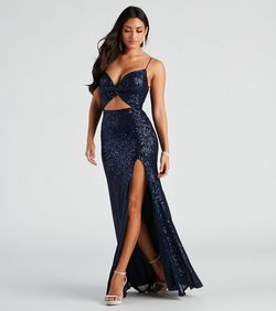 Style 05002-2506 Windsor Blue Size 12 Plus Size Embroidery Black Tie V Neck Side slit Dress on Queenly