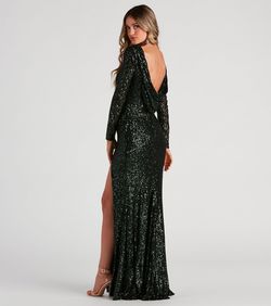 Style 05002-3032 Windsor Green Size 12 Floor Length Long Sleeve Sheer Sequin Side slit Dress on Queenly