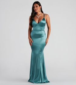 Style 05002-1500 Windsor Blue Size 16 Backless Spaghetti Strap Mermaid Dress on Queenly