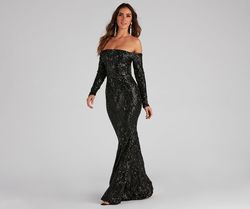Style 05002-1467 Windsor Black Size 4 Sheer Long Sleeve Mermaid Dress on Queenly