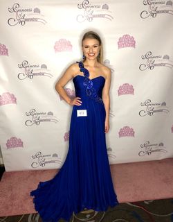 Sherri Hill Royal Blue Size 4 Asymmetrical Jewelled Sorority Formal Tulle A-line Dress on Queenly