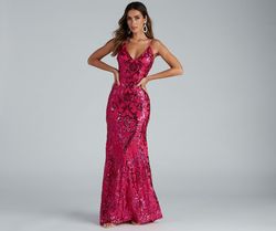 Style 05002-1746 Windsor Pink Size 12 Wedding Guest V Neck Print Mermaid Dress on Queenly
